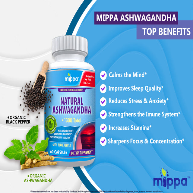 Mippa Ashwagandha & Black Pepper - Organic Black Pepper for Superior Absorption, Used for Stress Relief, Increased Energy, Non-Gmo and Gluten Free, Sleep Aid, Mood Enhancement