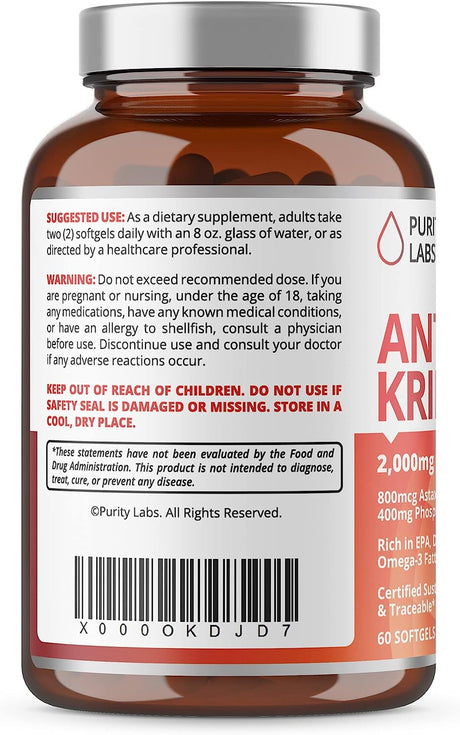 Purity Labs Krill Oil Heart Health & Brain Supplement with Omega 3 & Astaxanthin, 60 Softgels