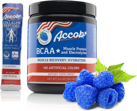 BCAA Powder Blue Raspberry-Pre or Post Workout,Muscle Recovery Drink with Amino Acids + Electrolytes,7,2G Bccas for Men and Women-30 Servings +10G of Collagen Peptides