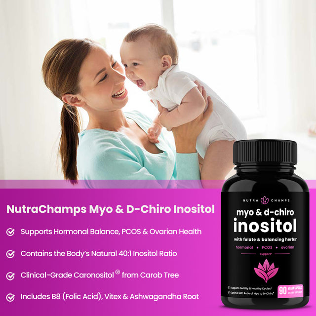 Nutrachamps Myo-Inositol & D-Chiro Inositol Supplement [40:1 Ratio] B8 Powder Enhanced with Vitex & Folic Acid | 90 Vegan Capsule