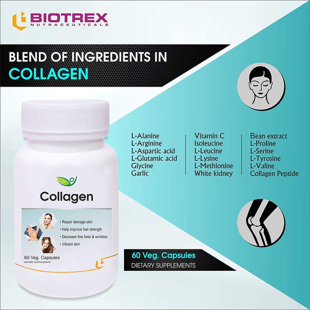 Biotrex Nutraceuticals Collagen - 60 Veg. Capsules Dietary Supplement for Healthy Skin and Hair Treatment