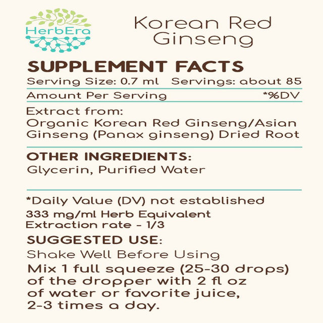 Korean Red Ginseng Alcohol-Free Herbal Extract Tincture, Super-Concentrated Organic Korean Red Ginseng (Asian Ginseng, Panax Ginseng) Dried Root 2 Oz