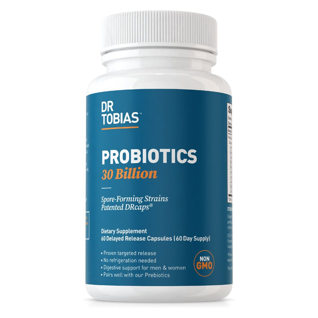 Dr. Tobias Probiotics 30 Billion, 10 Strains, 30 Billion Cfu'S, Targeted Release Probiotics for Digestive Health, Shelf-Stable Probiotics for Women & Men, Non-Gmo, 30 Capsules, 30 Servings