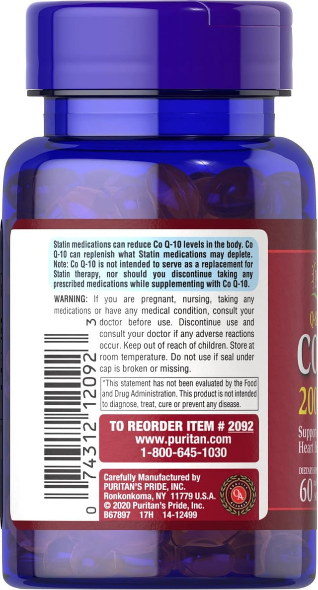 Puritan'S Pride Q-Sorb Coq10 200Mg, Supports Heart Health, 60 Rapid Release Softgels