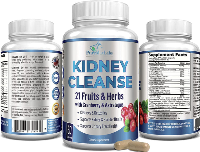 Herbal Kidney Cleanse with Cranberry Extract, Astralagus - 21 Fruits & Herbs - Detox & Cleanse Urinary Tract & Bladder Health, Kidney Support, 60 Vegan Capsules