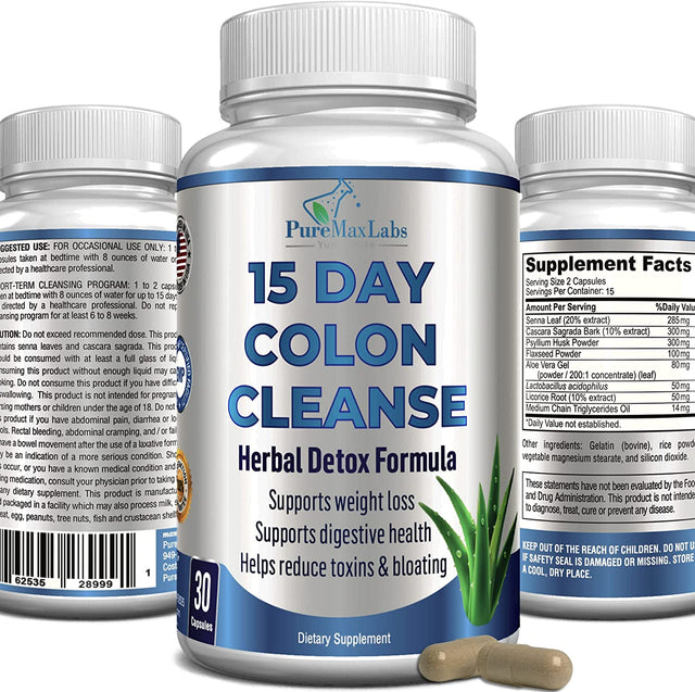 15 Day Colon Cleanse and Detox, Herbal Detox Formula, Supports Weight Loss, Constipation Relief - Boosts Energy. Flush Toxins, Natural Safe Colon Cleanser for Men and Women - 30 Capsules