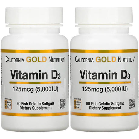 Vitamin D3 Supplement by California Gold Nutrition - Support for Healthy Bones & Teeth - Immune System Support - Gluten Free, Non-Gmo - 125 Mcg (5,000 IU) - 2 Pack of 90 Fish Gelatin Softgels Each