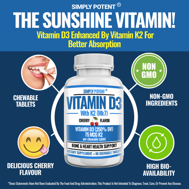 Vitamin D3 2000IU + Vitamin K2 75MCG, Cherry Flavored Vitamin D3 K2, Chewable Alternative to Softgels, Gummies, Capsules or Pills for Calcium Absorption, Heart, Bone, Teeth, Mood & Immune, 90 Tablets