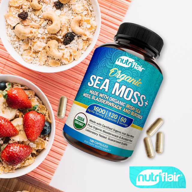 Nutriflair USDA Certified Organic Sea Moss Capsules 1600Mg, 120 Capsules - Immunity, Gut, Energy - Superfood Sea Moss Supplements with Raw Sea Moss Powder for Women and Men