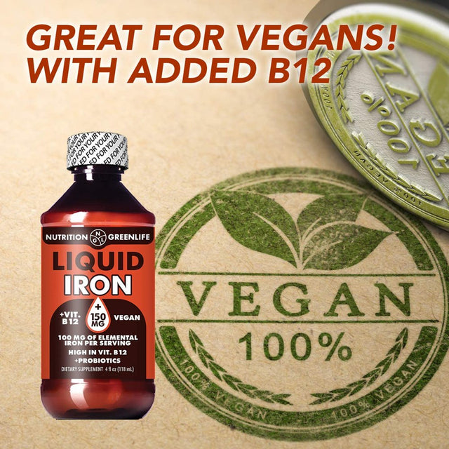 Liquid Iron Highest Concentration 150Mg Vegan + Vitamin B12, Folic Acid Supplement 4 Fl Oz (23 Servings)