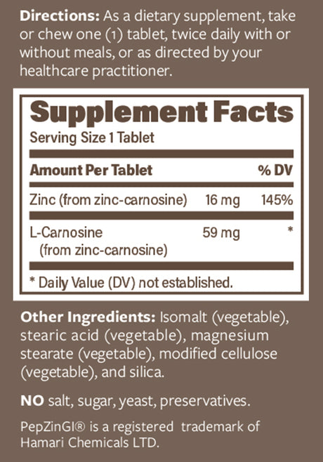 Zinc - Pepzingi 75Mg for Immune Function & Digestive Health Support | Zinc Carnosine Supplement | Chewable Zinc Tablets for Adults | Vegan, Non-Gmo, Gluten Free - Endurance 60 Chewable Tablets