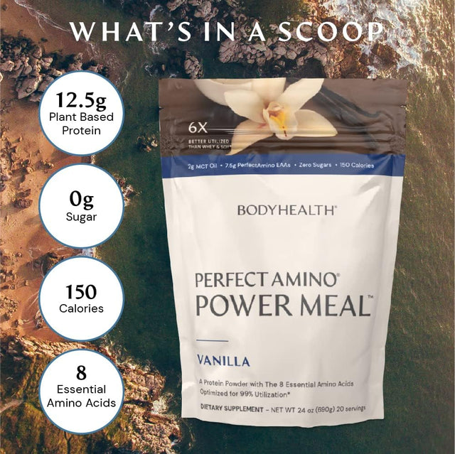 Bodyhealth Perfectamino Power Meal (Natural Vanilla Flavor) Vegan Meal Replacement Shake, Non Dairy Protein Powder, Plant Based Meal Replacement, Organic Meal Replacement, 20 Servings, 12.5G Protein