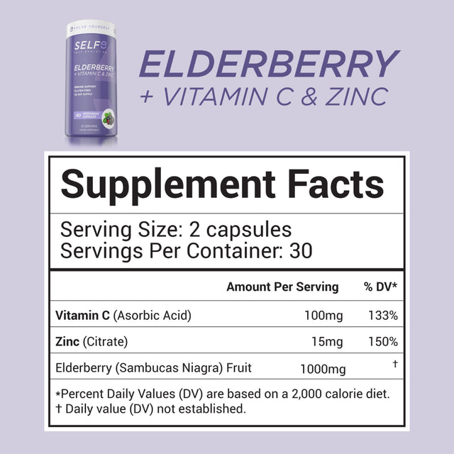 1000Mg Premium Elderberry Pills with Vitamin C and Zinc for Added Immune Support - Vegan Friendly Gluten Free - 60 Capsules