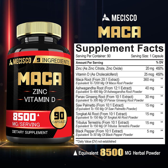 Maca Capsules - 9In1 Equivalent 8500Mg Blended with Zn, Vitamind, Ashwagandha, Ginseng, Saw Palmetto, Tongkat Ali & More - Muscle Growth, Endurance & Energy Support - 90 Count - 3 Month Supply