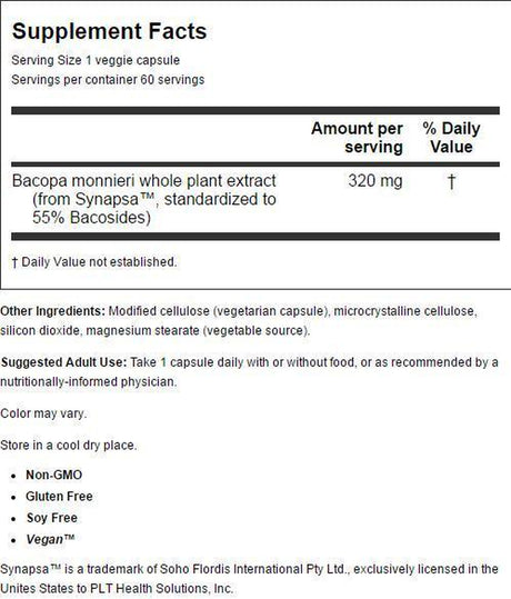 Doctor'S Best Bacopa with Synapsa, Non-Gmo, Vegan, Gluten Free, Soy Free, Helps Enhance Memory, 320 Mg, 60 Veggie Caps