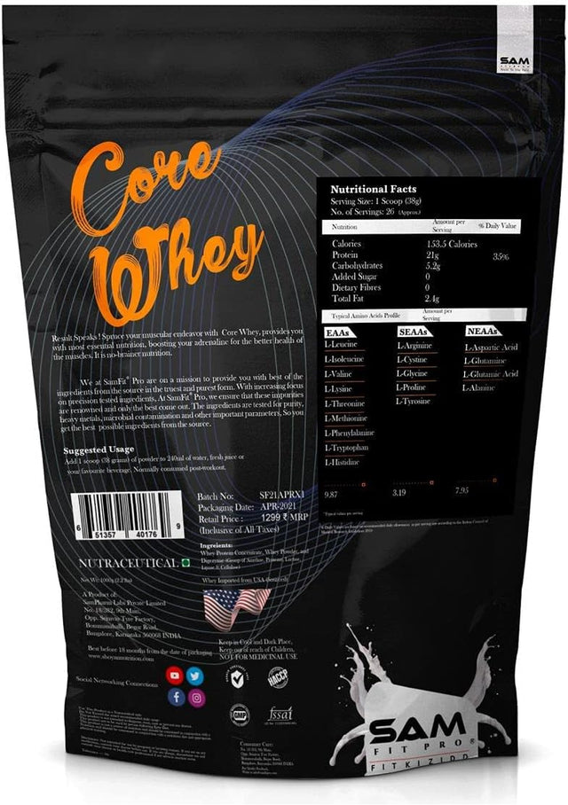 Samfit Pro Core Whey | Unflavoured | 21G Protein | 5.4G BCAA | 4G Glutamine | 1 Kg 2.2 Lbs |