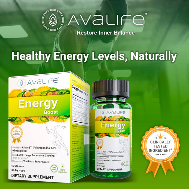 Avalife Ashwagandha Energy Boost (60 Capsules) Natural Energy Boosting Supplement Enriched with Ashwagandha KSM-66 | Gluten Free, Vegan, Non-Gmo - 30-Day Supply