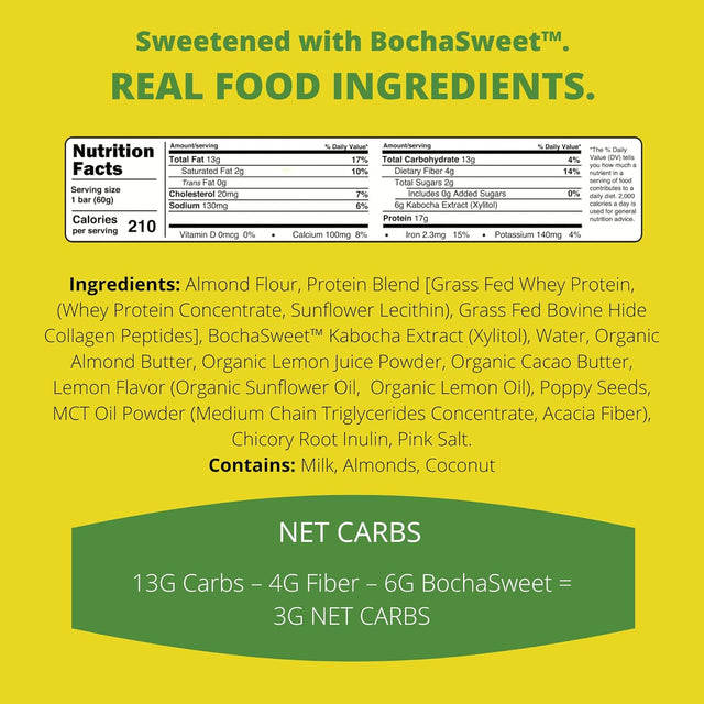 Bochasweet Keto Protein Bar, Lemon Poppyseed Bochabar, 17G Grass Fed Collagen, Low Carb, Keto-Friendly, Gluten Free, 4 Count