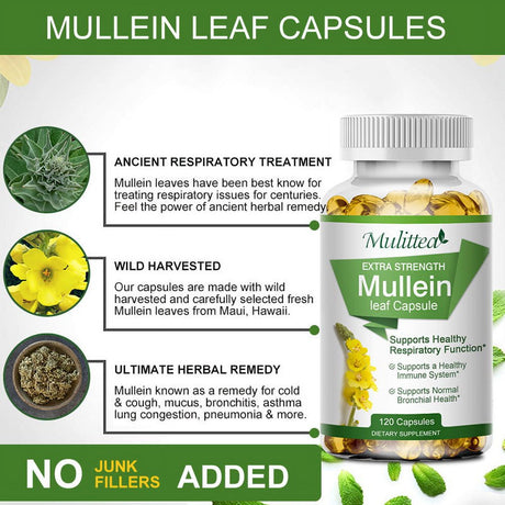 Mulittea Mullein Leaf Capsules Herbal Supplement Supports Respiratory Function Health,120Count/Bottle