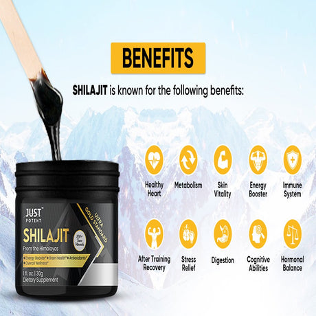 Just Potent Ultra Gold Standard Shilajit Resin Supplement - 100+ Trace Minerals | 600Mg per Serving, 50 Servings | Brain Health, Antioxidant, Energy, and Overall Wellness