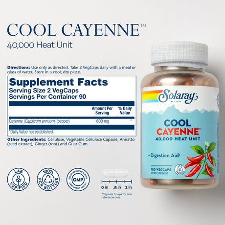 Solaray Cool Cool Cayenne 40,000 HU | Healthy Digestion, Circulation, Metabolism & Cardiovascular Support | 180 Vegcaps