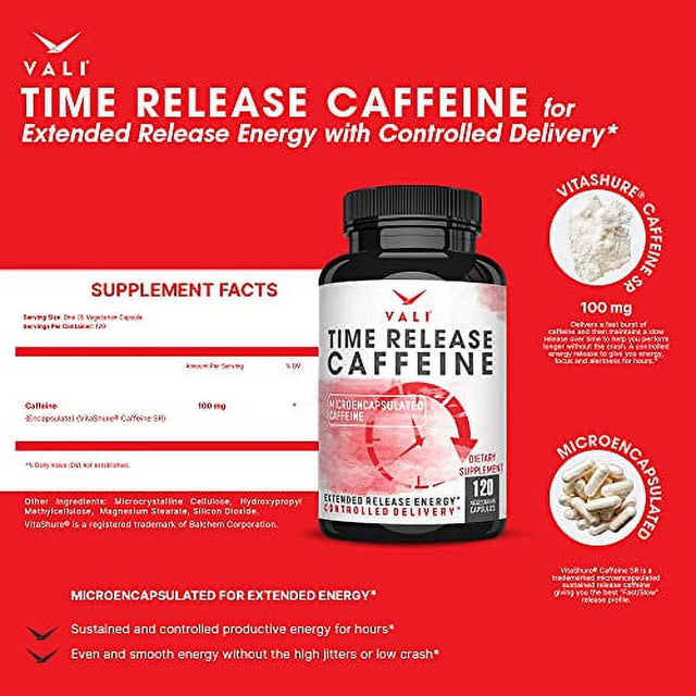 Time Release 100Mg Caffeine Pills - 120 Veggie Capsules Microencapsulated for Extended Energy. No Crash Controlled Delivery Brain Booster Supplement for Sustained Mental Performance, Focus & Clarity