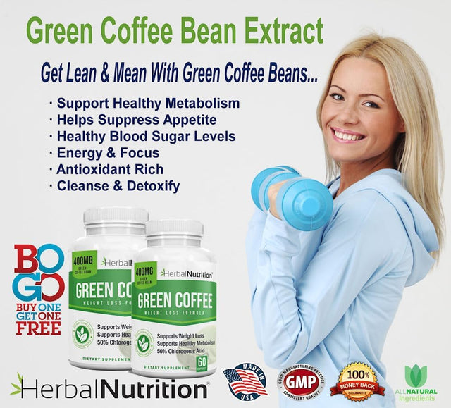 Herbal Nutrition BOGO Pure Green Coffee Bean Extract, Two Bottle Pack, 120 Capsules, Multi-Level Dosing 400Mg - 1200Mg per Serving, 50% Chlorogenic Acid. Weight Loss & Cleanse Supplement