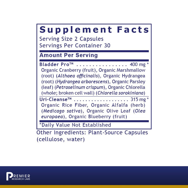 Premier Research Labs Uriven - Organic Cranberry, Marshmallow, Hydrangea, Chlorella, Rice Fiber, Alfalfa, Olive Leaf & Blueberry - Supports Bladder & Urinary Tract - 60 Plant-Source Capsules