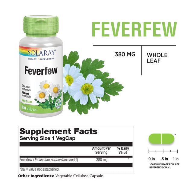 Solaray Feverfew Leaf 380 Mg | Healthy Circulation, Blood Vessel Tone, Comfort Support | Non-Gmo & Vegan | 100 Vegcaps