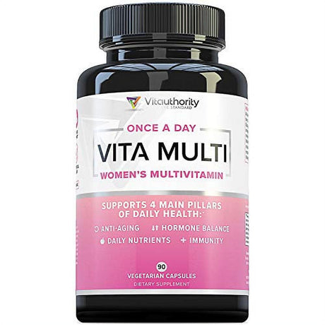 Daily Women'S Multivitamin with Iron, Folate, Biotin & Calcium - Vitauthority Multivitamin for Women with Herbal Hormone Balance Blend DIM & Ashwagandha for Anxiety and Stress Relief - 90Ct Capsules