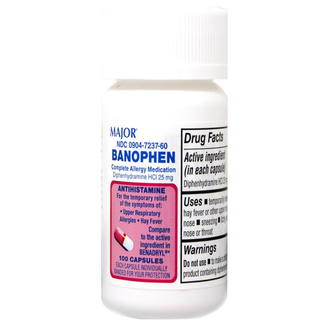 Major Banophen Complete Allergy Medication Diphenhydramine HCI 25Mg Antihistamine, 100 Capsules - Pack of 5