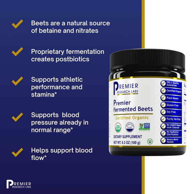 Premier Research Labs Fermented Beets - Supports Healthy Gut Microbiota, Cardiovascular System & Metabolic Activity - Features Nitrates & Phytocompounds - Gluten & GMO Free Powder - 6.3 Oz