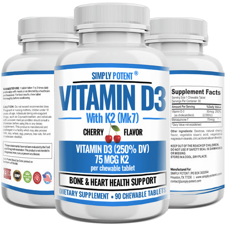 Vitamin D3 2000IU + Vitamin K2 75MCG, Cherry Flavored Vitamin D3 K2, Chewable Alternative to Softgels, Gummies, Capsules or Pills for Calcium Absorption, Heart, Bone, Teeth, Mood & Immune, 90 Tablets