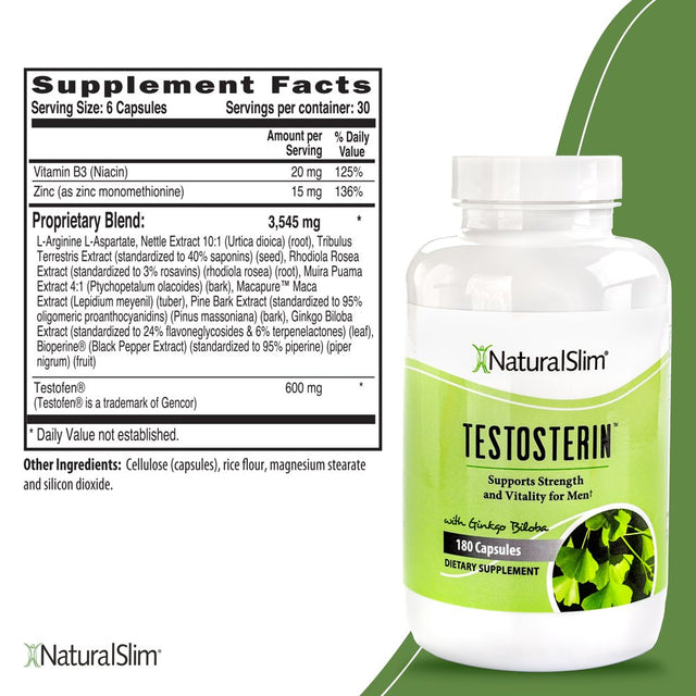 Naturalslim Testosterin - All Natural Testosterone Booster for Men -180 Capsules