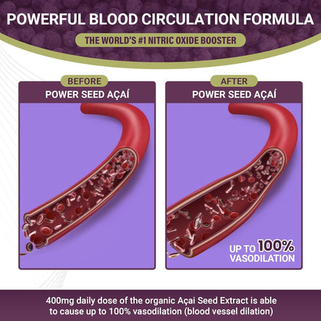 New Patented Nitric Oxide Supplement -Increase Blood Flow & Circulation- Organic Acai Seed Extract -100% Vasodilation, Support Circulation- 50 X Antioxidants- 60 Capsules