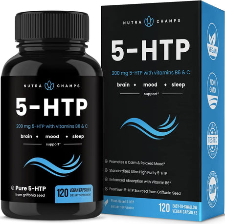 5-HTP 200Mg | 120 Vegan Capsules | 5 HTP Supplement to Support Stress Relief, Brain Health, Enhanced Mood, Sleep & Serotonin | Pure 5HTP 100Mg Pills plus Co-Factors Vitamin B6 & Vitamin C