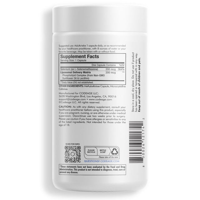 Codeage Liposomal Selenium Supplement, Trace Mineral Selenomethionine, 6-Month Supply, Vegan, 180 Ct