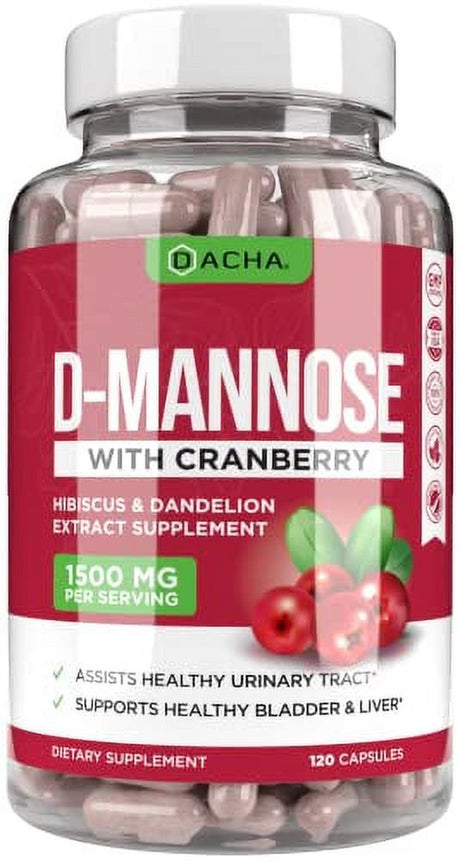 Natural D-Mannose Capsules 4-In-1 Formula - 120 CAPS, 1500 MG Cranberry, Dandelion, Hibiscus Flower Extract, Fast-Acting Pills for Bladder Health, Urinary Tract Infection UTI Support Flush I