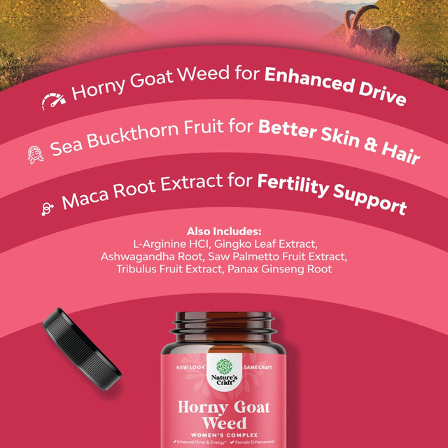 Horny Goat Weed for Women Complex - Invigorating Female Enhancing Blend with Ashwagandha Panax Ginseng and Maca Root Capsules for Women for Increased Drive Energy and Mood and Decreased Dryness