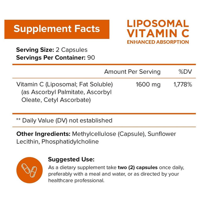 Nutriflair Liposomal Vitamin C 1600Mg, 180 Capsules - High Absorption, Fat Soluble VIT C, Antioxidant Supplement, Higher Bioavailability Immune System Support & Collagen Booster, Non-Gmo, Vegan Pills