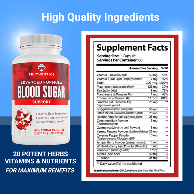 Truthentics Blood Sugar Support Formula - Supports Healthy Blood Sugar Levels, Glucose Metabolism, Heart Health Supplement - 60 Capsules