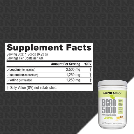 Nutrabio BCAA 5000 Powder - Fermented Branched Chain Amino Acids for Muscle Growth & Recovery - Natural Flavors, Sweeteners, and Coloring, Vegan, Gluten Free - Sun Tea, 60 Servings