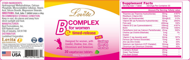 Lovita High Potent Vitamin B Complex for Women, Time Release, All B Vitamins with Iron, Vitamin C, Cranberry, Pine Bark, Green Tea for Energy, 30 Vegetarian Tablets