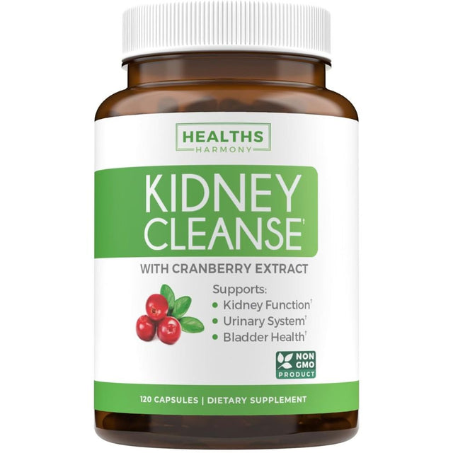 Healths Harmony Kidney Cleanse Supplement (Vegetarian) Supports Bladder Control & Urinary Tract - Powerful Cranberry Extract - Natural Herbs - Kidney Health, Flush & Detox - 120 Capsules No Pills