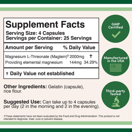 Magnesium L Threonate Capsules - High Absorption Generic Supplement - Most Bioavailable Form - 2,000 Mg - 100 Capsules