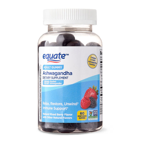 Equate Ashwagandha Non GMO Dietary Supplement Gummies, Mixed Berry, 60 Count