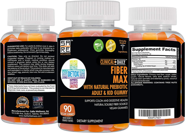 Fiber Max, Vegan High Fiber Gummies for Adults & Kids. Constipation Relief for Adults and Kids. Prebiotic Inulin Fiber Supplement Gummies. 90 Gluten-Free Laxative Gummies for Gut Repair