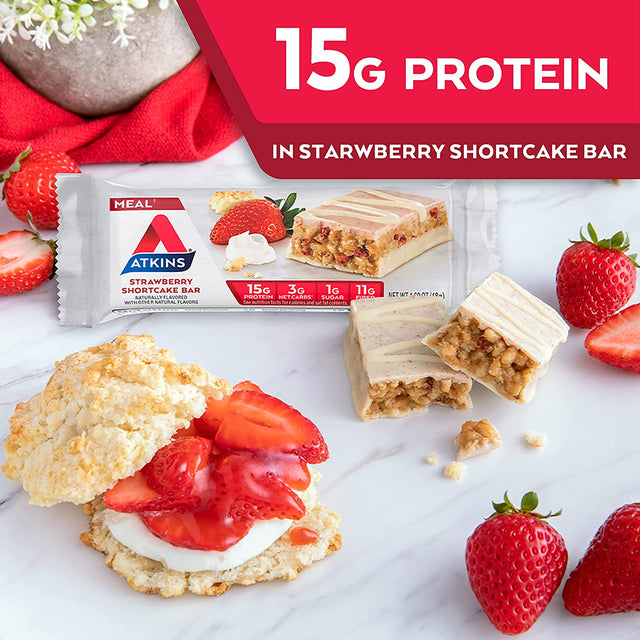 Atkins Strawberry Shortcake Protein Meal Bar, High Fiber, 1G Sugar, 3G Net Carb Meal Replacement, Keto Friendly, 30 Count