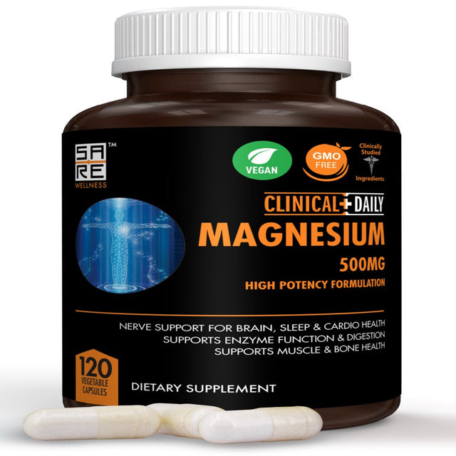 CLINICAL DAILY Pure Magnesium Citrate Capsules High Potency 500Mg with Natural Magnesium Oxide. Vegan Magnesium Supplement for Women and Men Supports Rest, Enzyme and Nerve Function. 120 Ct 2 Months