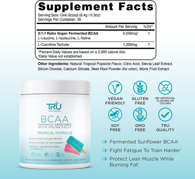 TRU BCAA, Plant Based Branched Chain Amino Acids, Vegan Friendly, Zero Calories, No Artificials Sweeteners or Dyes, 30 Servings, Tropical Popsicle